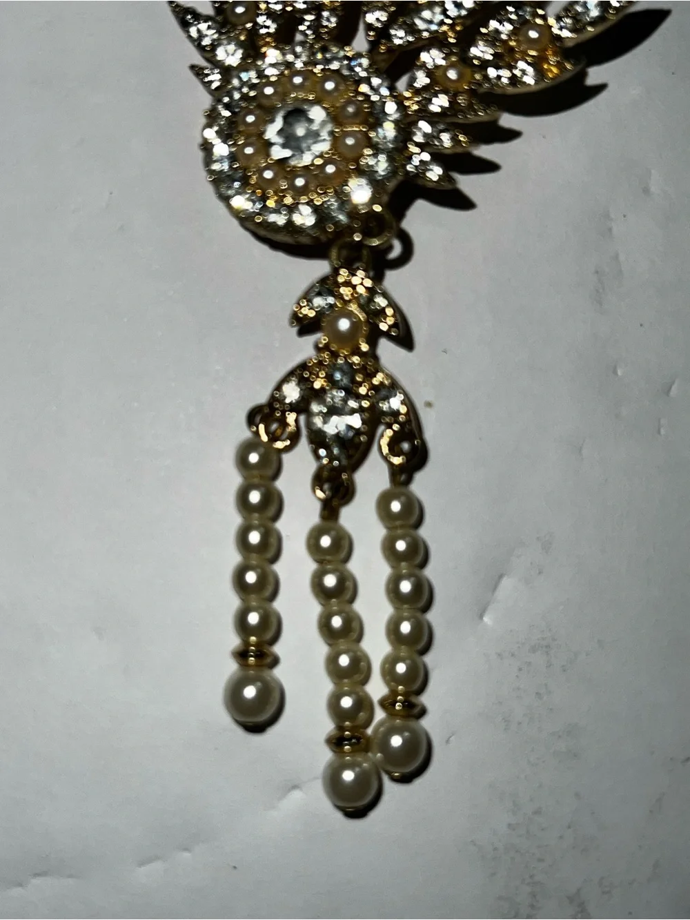 Gold-Tone Pearl & Crystal Feather Statement Brooch
